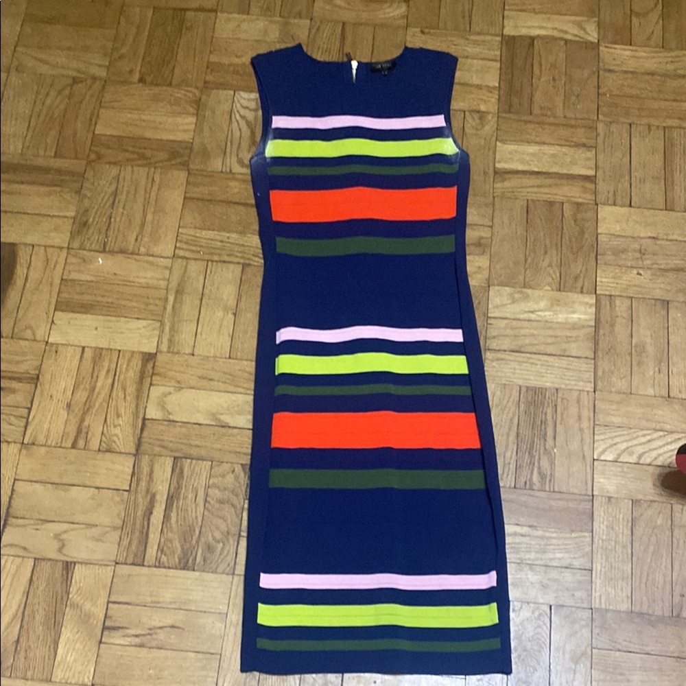 Lime Green and Yellow Striped Midi Sheath Dress with Sleeveless Design